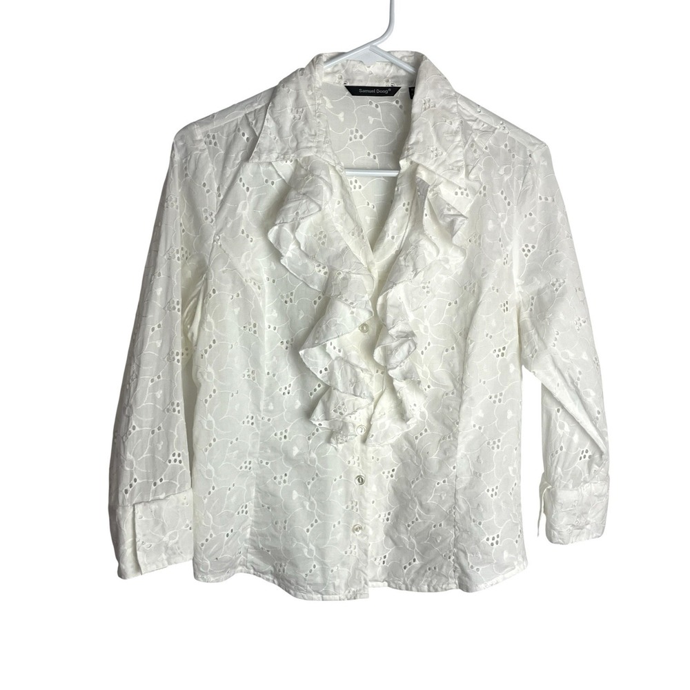 Samuel Dong Womens Eyelet Blouse Size M White Ruffle Collar Button Up 3/4 Sleeve